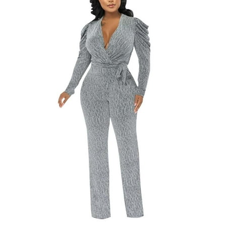 Fsqjgq Jumpsuits for Women Silver Playsuit Bodysuit Trendy Red Jumpsuits for Women Elegant Waist V Neck Flared Peplum Dress with Glittery Details For A Line Silhouette Stretchy Jumpsuits for Wo S