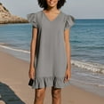thumbnail image 7 of SYMOID Womens Solid V Neck Short Sleeve Mini Casual Summer Dress with Ruffle Hem,Gray,Size S, 7 of 7