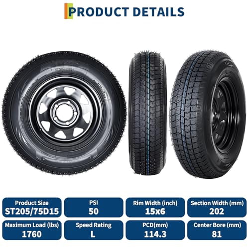 2-Pack Trailer Tire On Rim ST205/75D14 Trailer Tires and Wheels 5 Lug on 4.5 in PCD Trailer Tires with 14 in Rims Load Range C 6PR Black