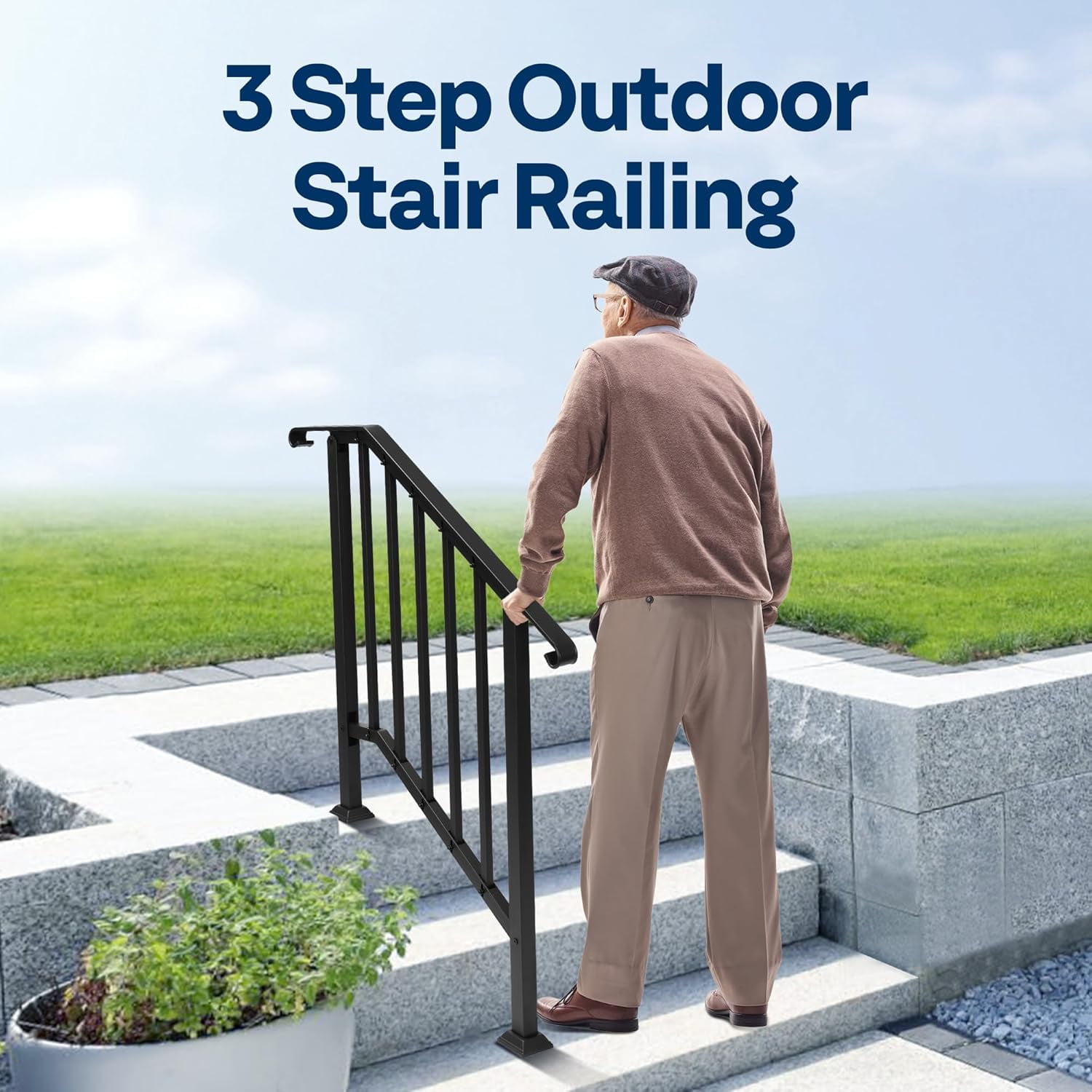 SPECSTAR 2-Pack Outdoor Handrails, 3-4 Step Galvanized Steel Railing Kit, Curved Ends and Safty Balusters Exterior Hand Railing