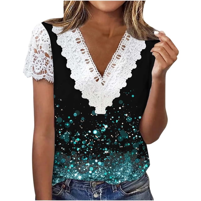 V Cuello Manga Corta Tops para las Mujeres Plegar Impreso Botón Blusa, Camiseta de Moda de Verano Casual