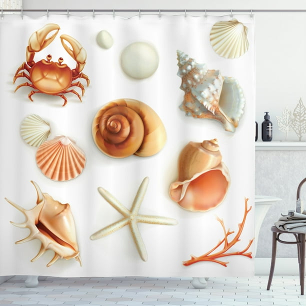 Shower Curtain Set, Marine Aquatic World Elements Seashells Pearls and