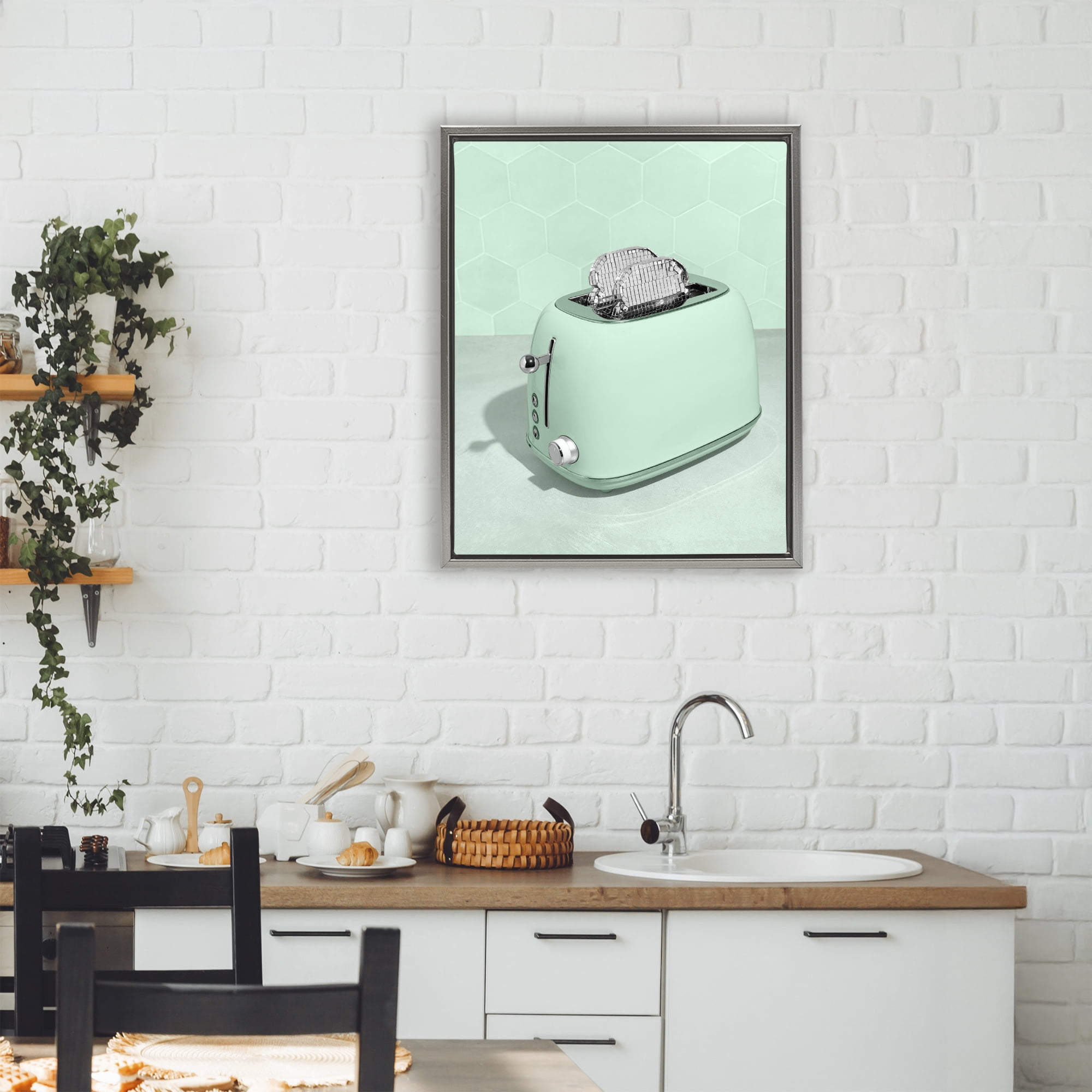 Stupell Industries Disco Toaster Over Green Gray Framed Floater Canvas Wall Art, design by LISH Creative