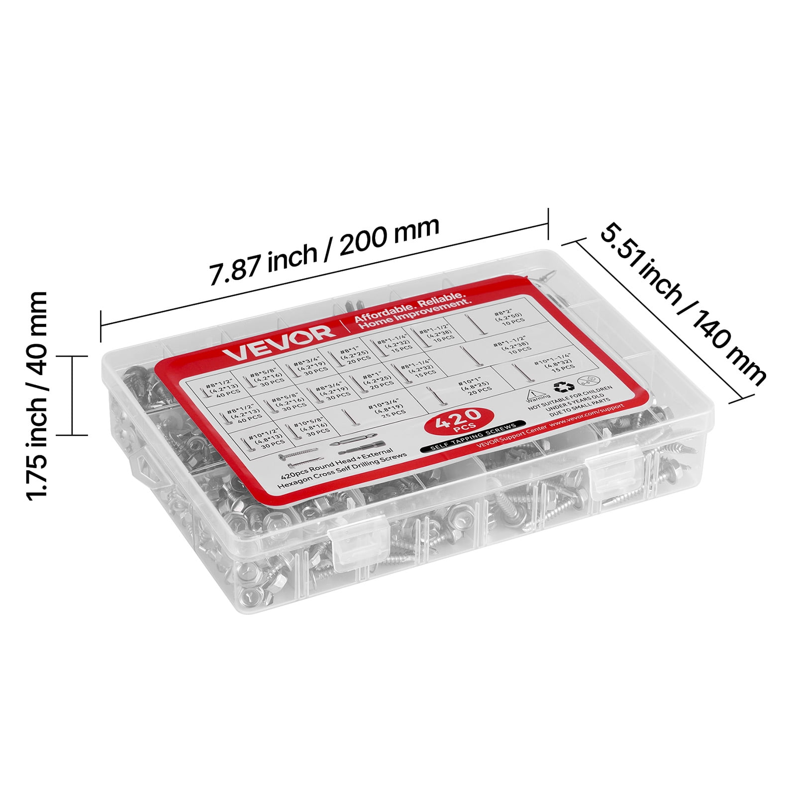 VEVOR 420 PCS Self Drilling Screws, Stainless Steel #8 #10 Sheet Metal Screw Assortment Kit for Metal and Wood, Phillips Truss Head & Hex Head Self Tapping Screws, Length 1/2 Inch to 2 Inch, Silver