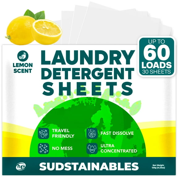 Sudstainables Laundry Detergent Sheets, 30 Laundry Sheets for 60 Loads, Lemon Scent