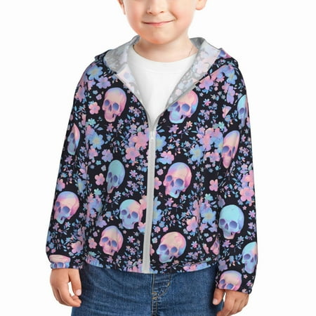 

Sun Hoodie for Kids cool Skull flower Long Sleeve Swim Fishing Shirts Sun Protection Zip Up Jacket Clothing Athletic Hoodie