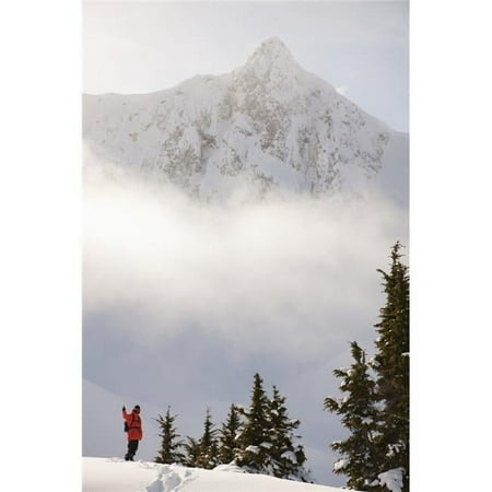Snowboarder on A Ridge with Scenic Mountains & Fog in The Background Haines Southeast Alaska Poster Print - 12 x 19 in.