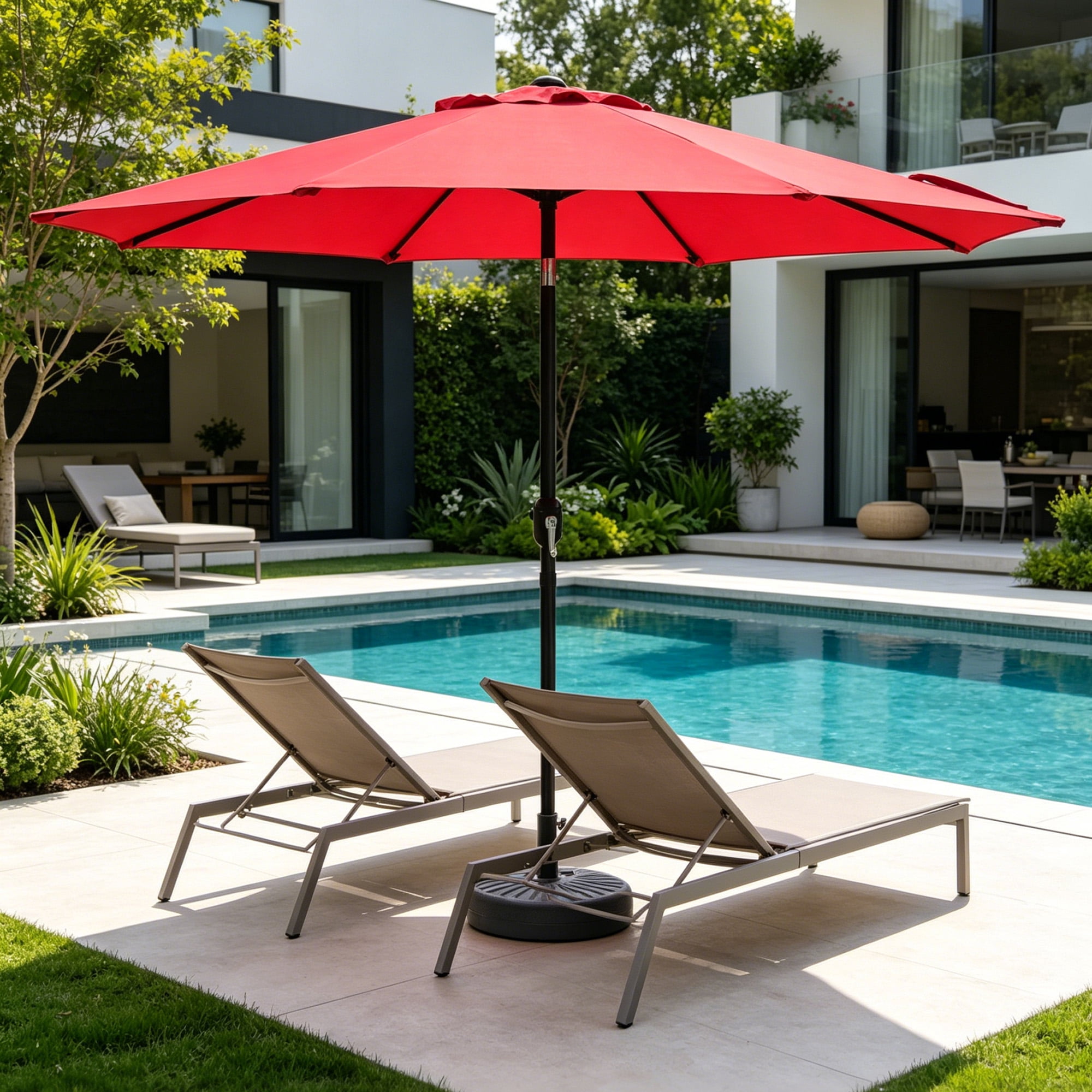 Kool 9 Ft Patio Market Umbrella , 8 Ribs with Push Button Tilt and Crank, Red