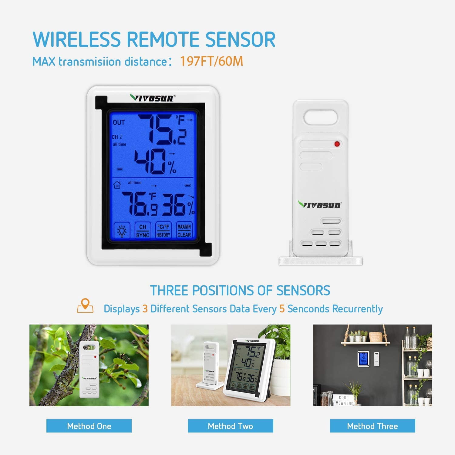 VIVOSUN Wireless Thermometer and Hygrometer with 3 Remote Sensors, Digital Humidity Monitor with Touchscreen