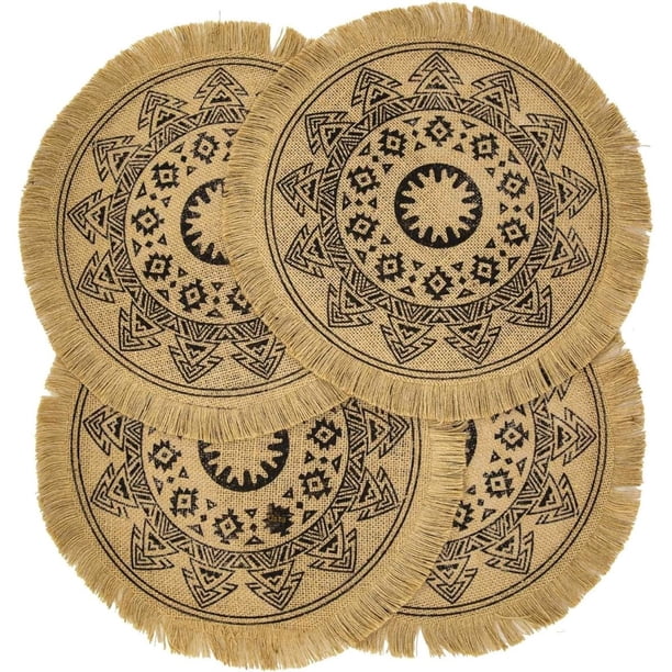 Juego de 4 manteles individuales redondos, cena moderna de invierno, mesa redonda bohemia trenzada de color Beige y manteles individuales circulares de otoño con borlas bohemias