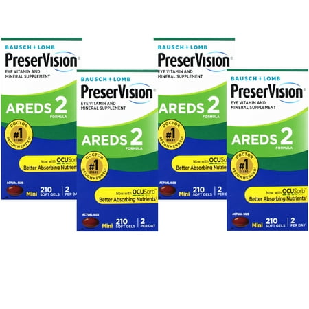 (4 pack) PreserVision Eye Vitamin and Mineral Supplement AREDS 2 Formula with Ocusorb, 210 Count Mini Soft Gels, 2 Per Day