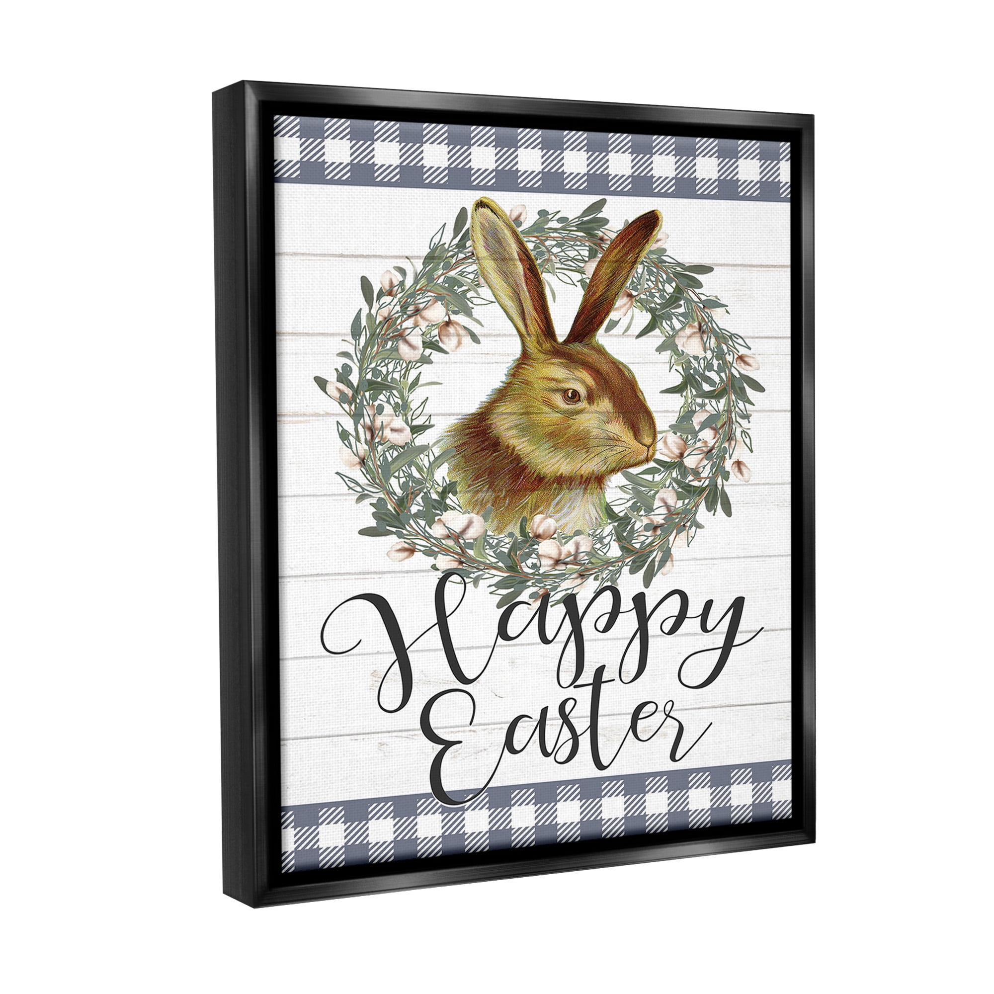 Stupell Industries Easter Bunny Wreath Phrase Holiday Painting Black Floater Framed Canvas Art Print Wall Art, 17 x 21