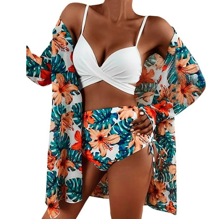 Leopard Print Swimsuits for Women plus Women High Waist Bikinis 2023 3 Piece Prints Bikini Set Cover Up Swimsuit For Women Long Sleeve Push Up Swimwear Beach Wear Womens Swimming Suits with Skirt