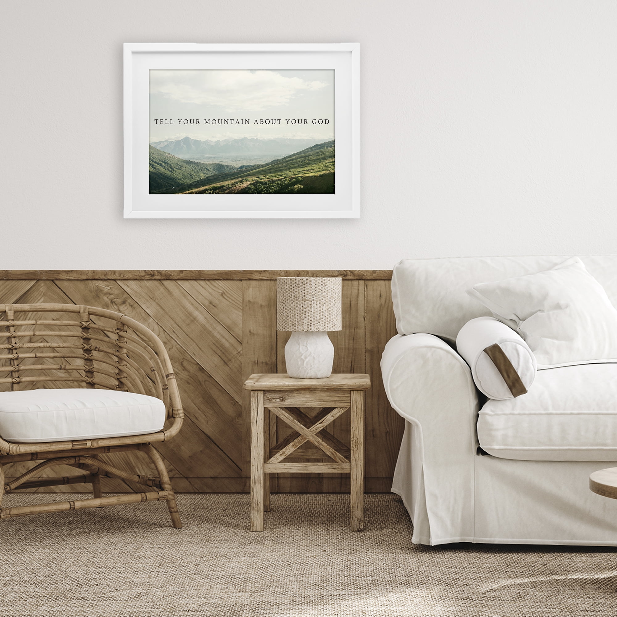 Stupell Industries Tell Your Mountain About God White Framed Print Under Glass, design by Kali Wilson