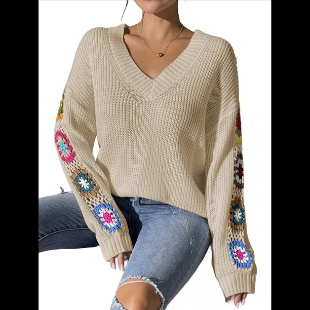 Suéteres de Punto de Larga con Estampado Floral Bohemio Clásico para Mujer, Estilo Informal, para Otoño e Invierno 2025. Albaricoque XL