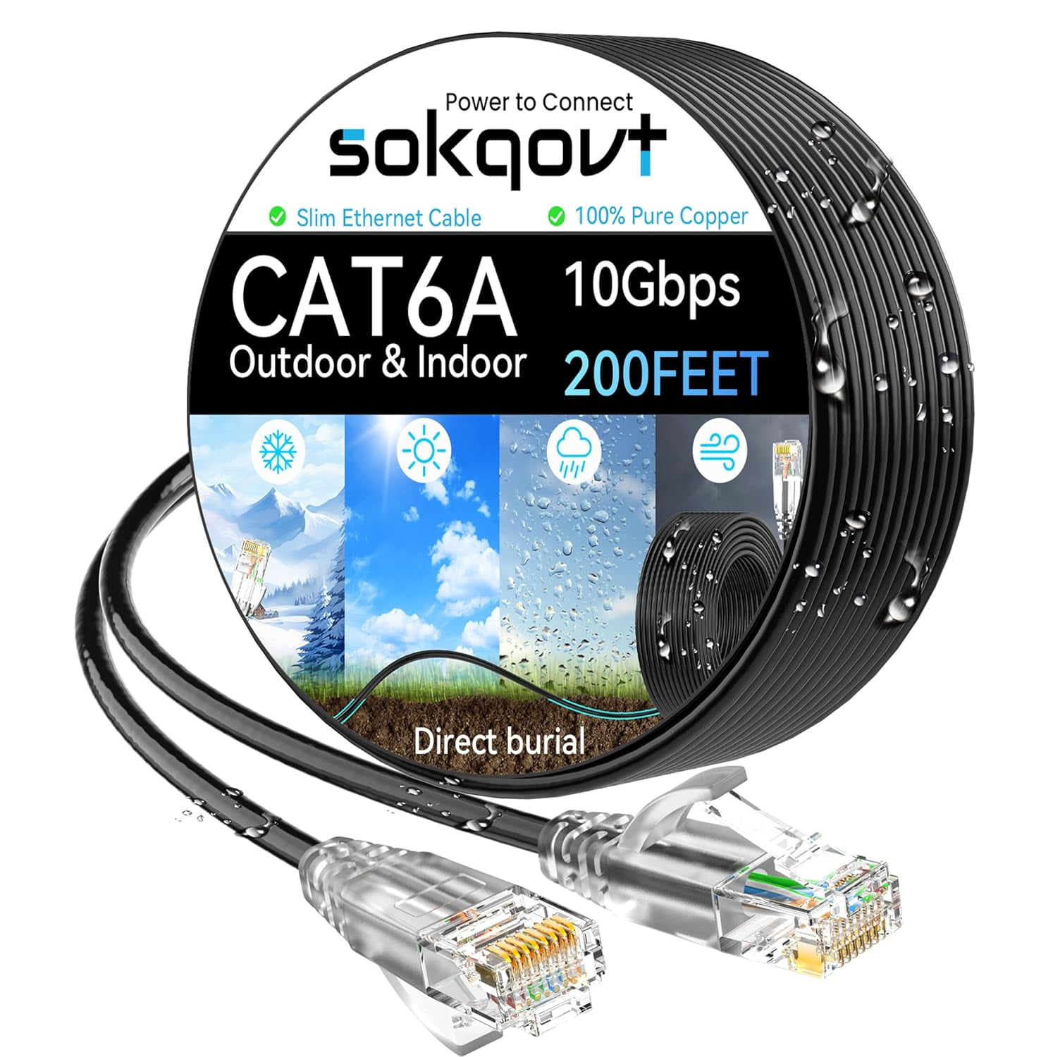 WEIFEI-Cat6a Ethernet Cable Slim 200ft Outdoor&Indoor, 28AWG Pure Copper Cat6 Internet Cable for Waterproof & Direct Burial, Flexible Cat6 Ethernet Cable 10G 550MHZ, Cat 6 Network cable for Indoo
