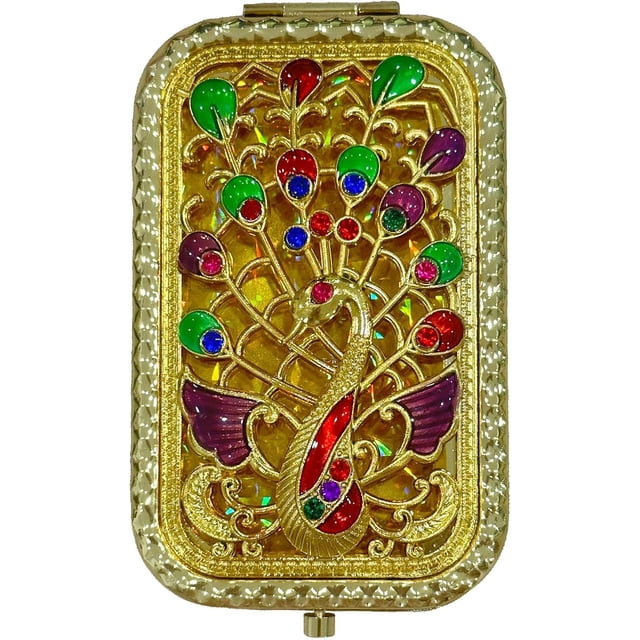 ZHU YU CHUN 1PC Vintage Spread The Wings Peacock Pattern Cosmetic Makeup Pocket Purse Magnification Jewel Mirror (Rectangle)