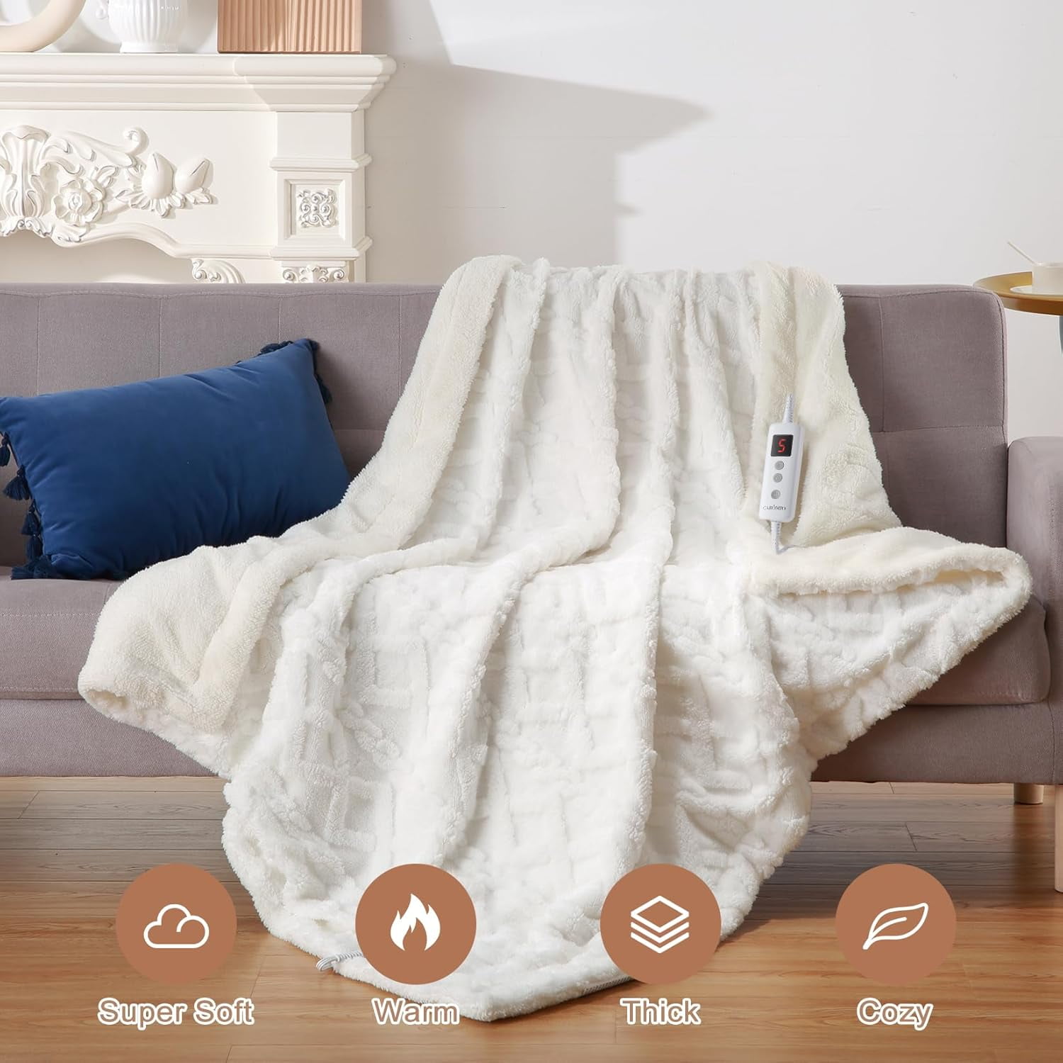 GARVEE Electric Heated Blanket Throw,50"×60" Fast Heating Blanket Throw with 10 Heating Levels&10 Time Settings,Off White