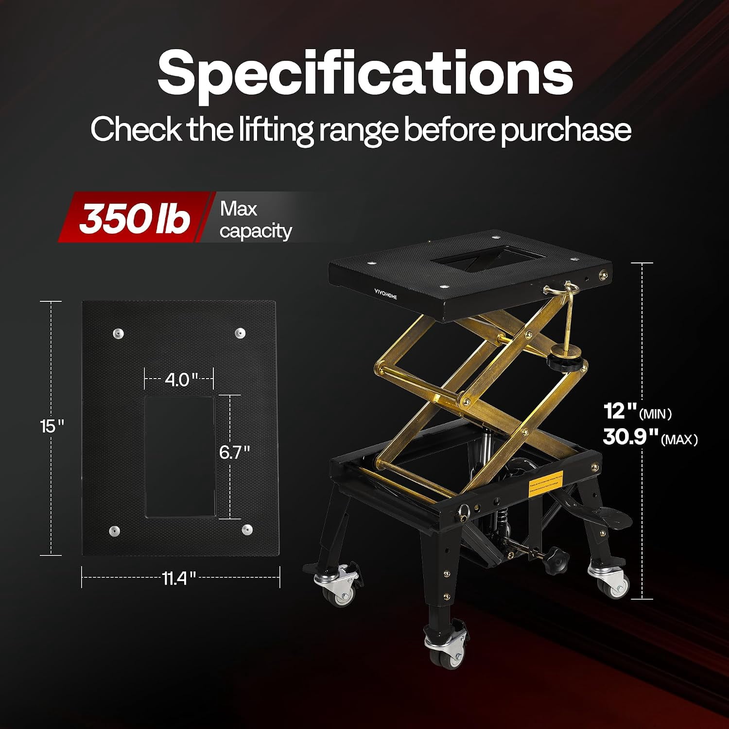 SPECSTAR 350 Lbs Heavy Duty Hydraulic Motorcycle Lift Table,Foot Operated Scissor Jack Stand for ATV Dirt Bike, 4 Wheels,Black