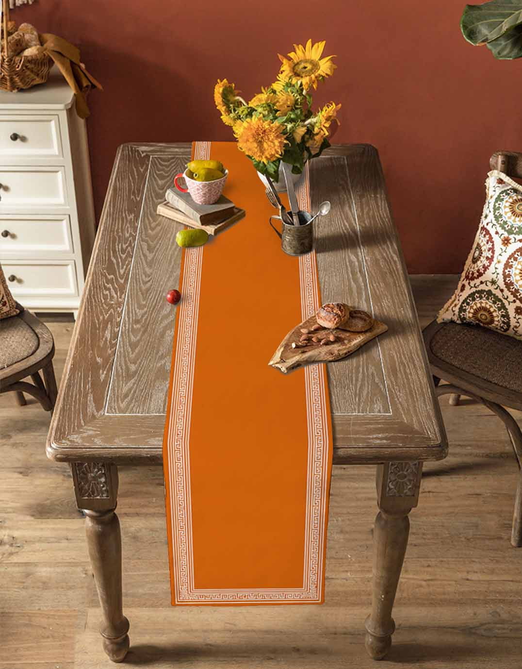 Burnt Orange Geometric Burlap Cotton Table Runner 13x90 Inches Long, Country Greece Key Art Farmhouse Table Runners, Outdoor Dining Tablecloths Decor for Baby Shower/Party/Wedding