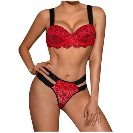 

JeashCHAT Sexy Lingerie for Women Sexy Women Lace Wireless Bra Sexy Lingerie Hollow Bandage Thong Set Underwear