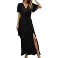 thumbnail image 1 of Vestido de mujer con lunares y lentejuelas, vestido de noche largo elegante sexy con escote en V, manga larga, cintura alta, abertura, vestido maxi con cinturón, 1 of 7