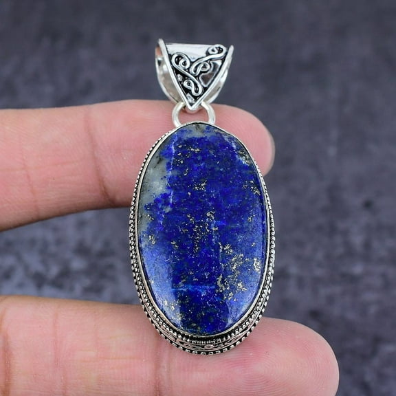 Natural Lapis Lazuli Gemstone Handmade 925 Sterling Silver Pendant 2.21"