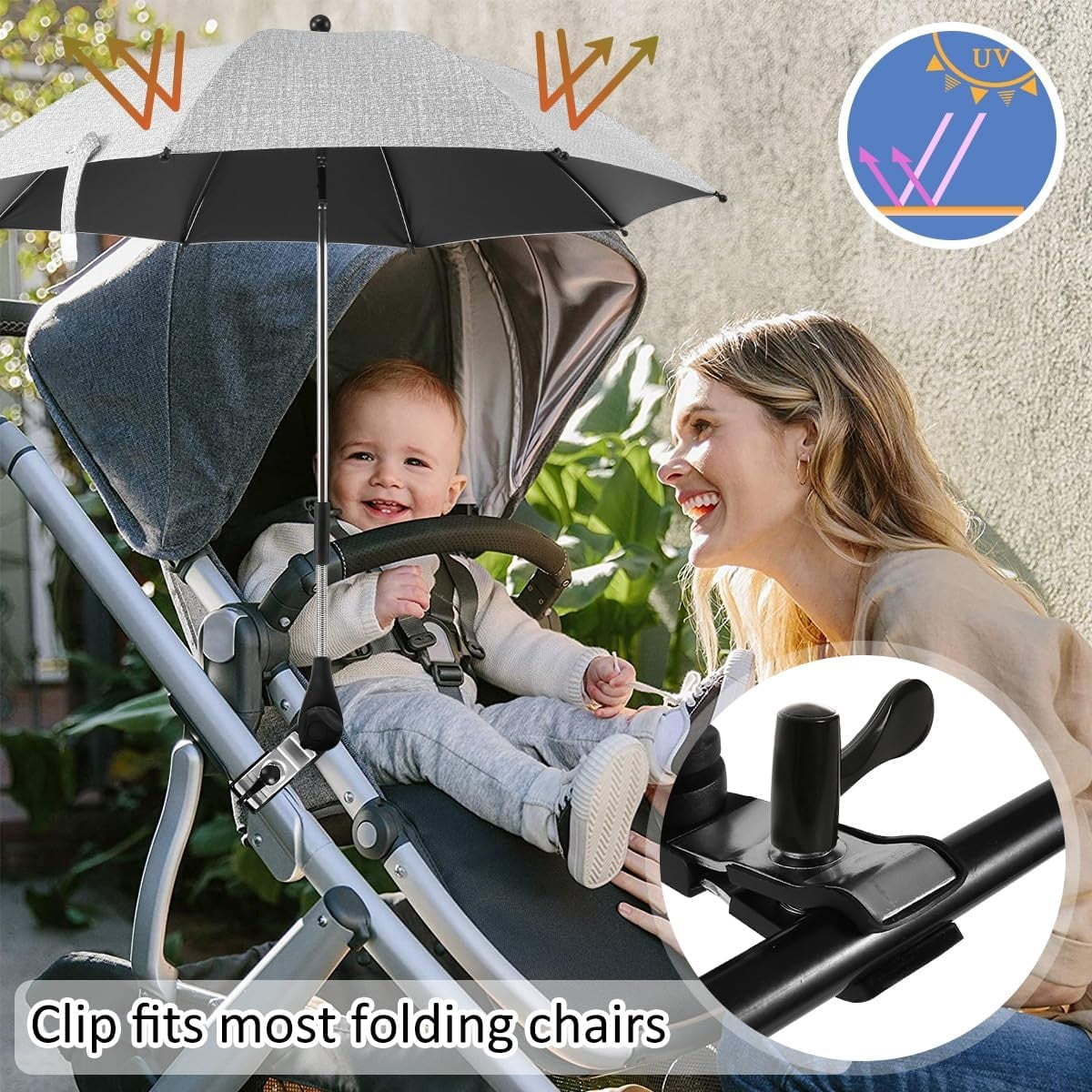 Sugagale Adjustable Sun Shade Umbrella with Clamp for Strollers, Beach Chairs, and Wheelchairs - Foldable Travel Umbrella for Toddlers