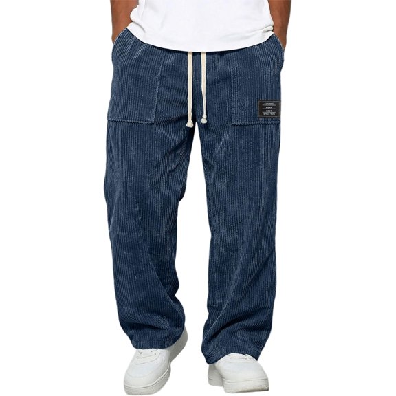 Mens Corduroy Long Trousers Wide Leg Elastic Waist Drawstring Textured Pants Loose Fit Casual Loose Pants Daily Fashion Wear, 2XL