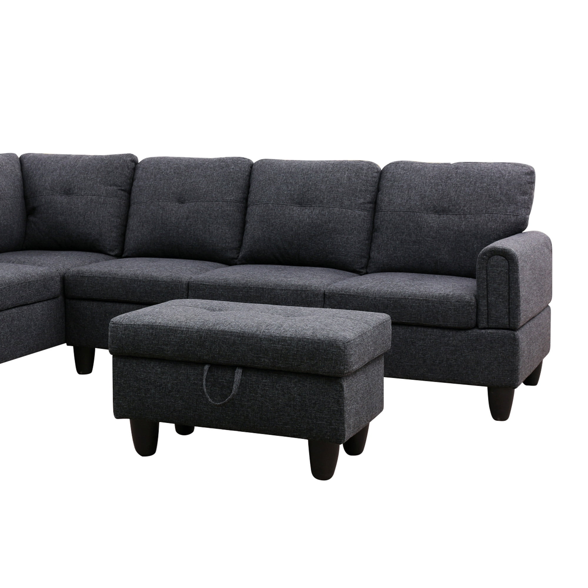 Aukfa 3 Piece L-shape Sectional Sofa with Storage Ottoman, Right Chaise, 2 Pillows, Linen, Dark Gray