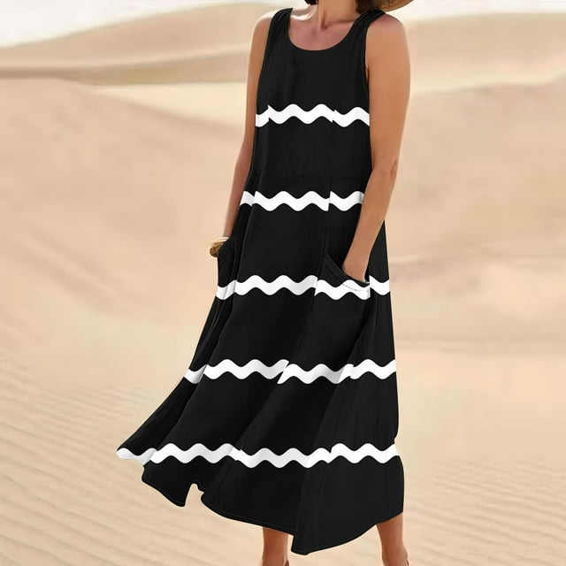LSLJS Nouvelle Robe Longue Sans Manches en Coton et Lin à Col Rond Imprimée, Robe d'Été de Plage