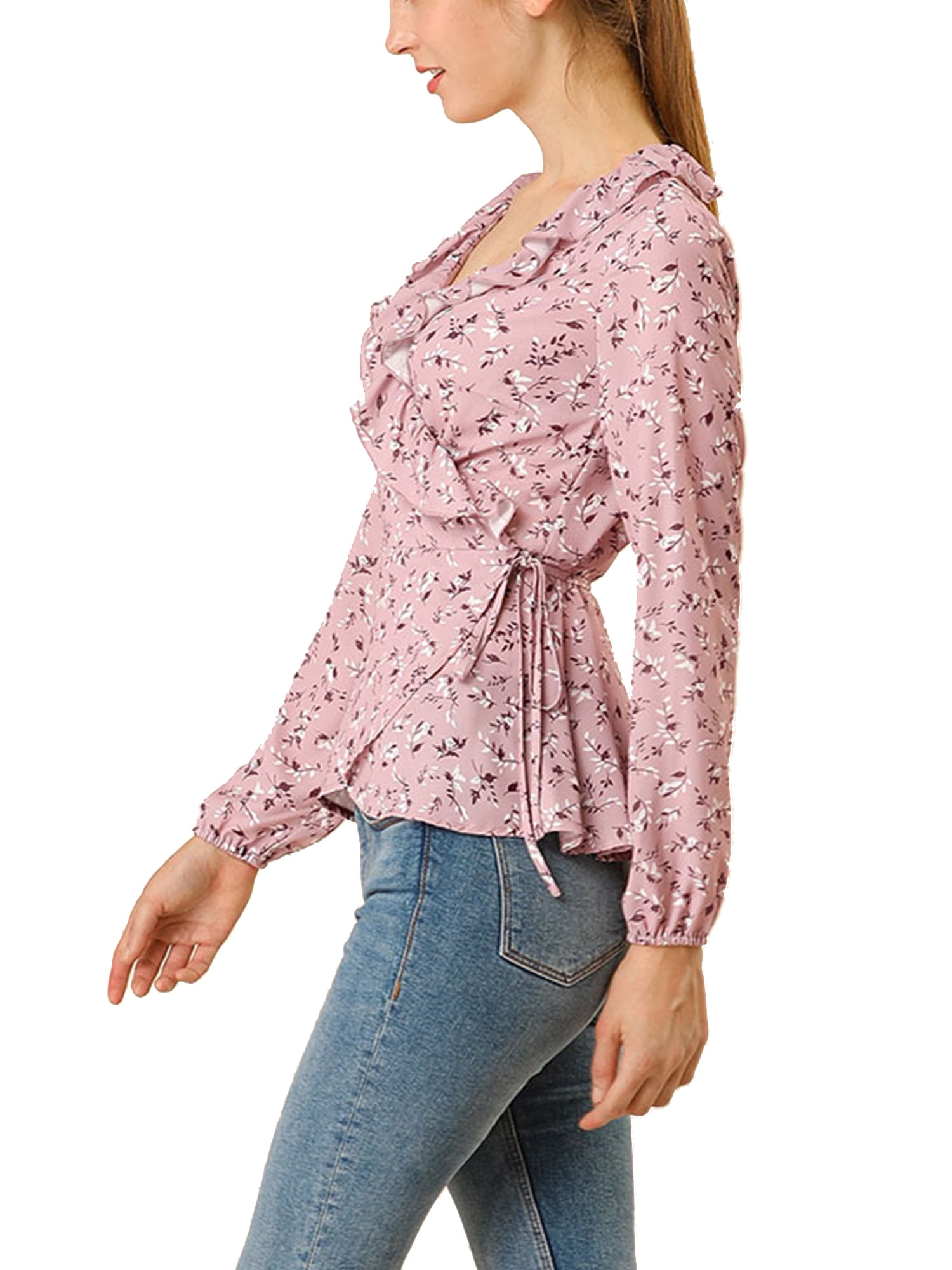 DARING DIVA Women's Wrap Top Ruffle Chiffon Peplum Blouse XS Pink