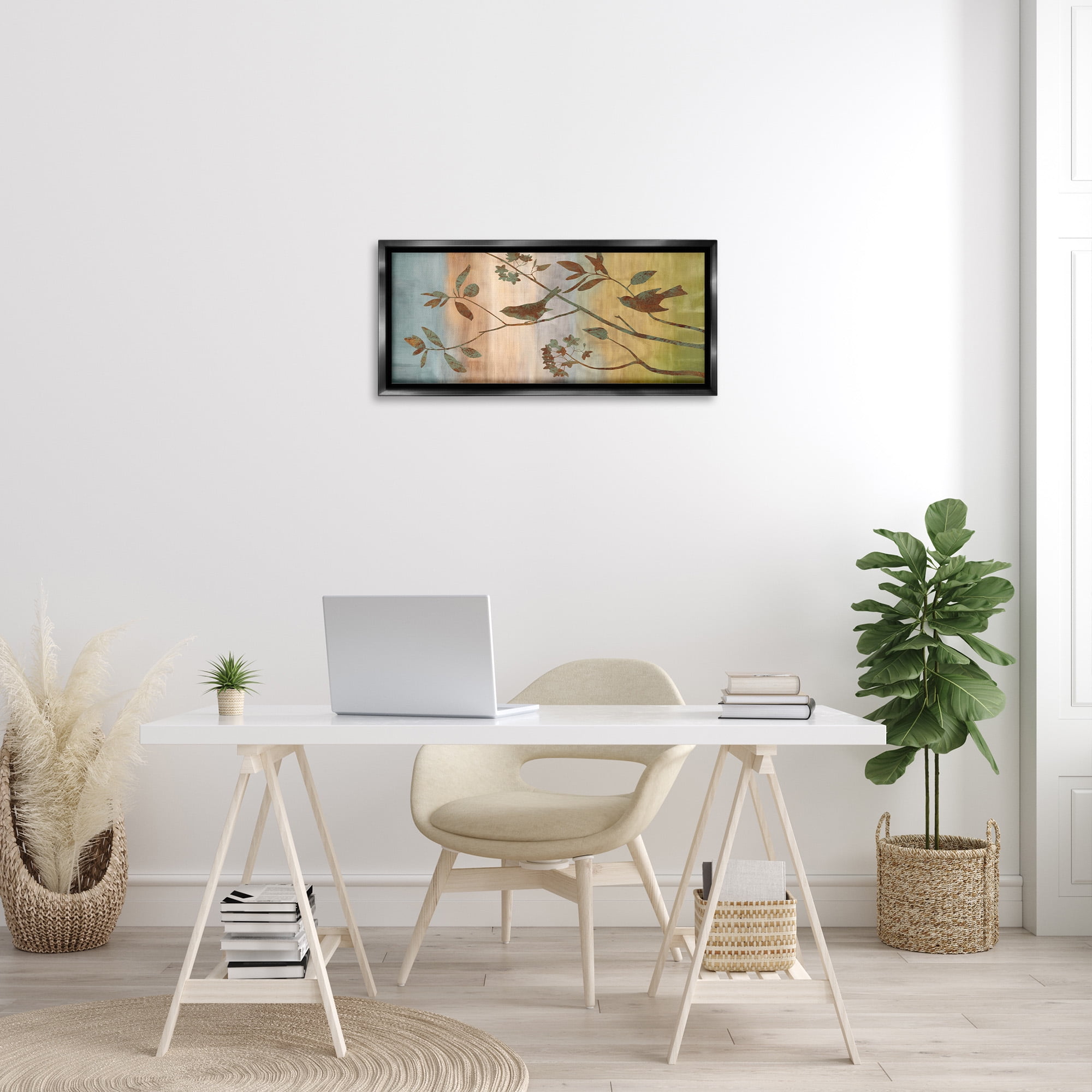 Stupell Industries Collaged Bird Nature Silhouette Botanical & Floral Painting Black Floater Framed Canvas Art Print Wall Art, 31 x 14