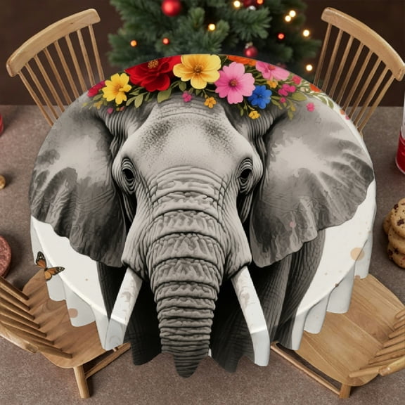 Butterfly and Elephant tablecloths for round tables, Polyester Tablecloths - Holiday-Themed Design Tablecloth for dining table round, Cafe, dinner, brunch, buffet, picnic