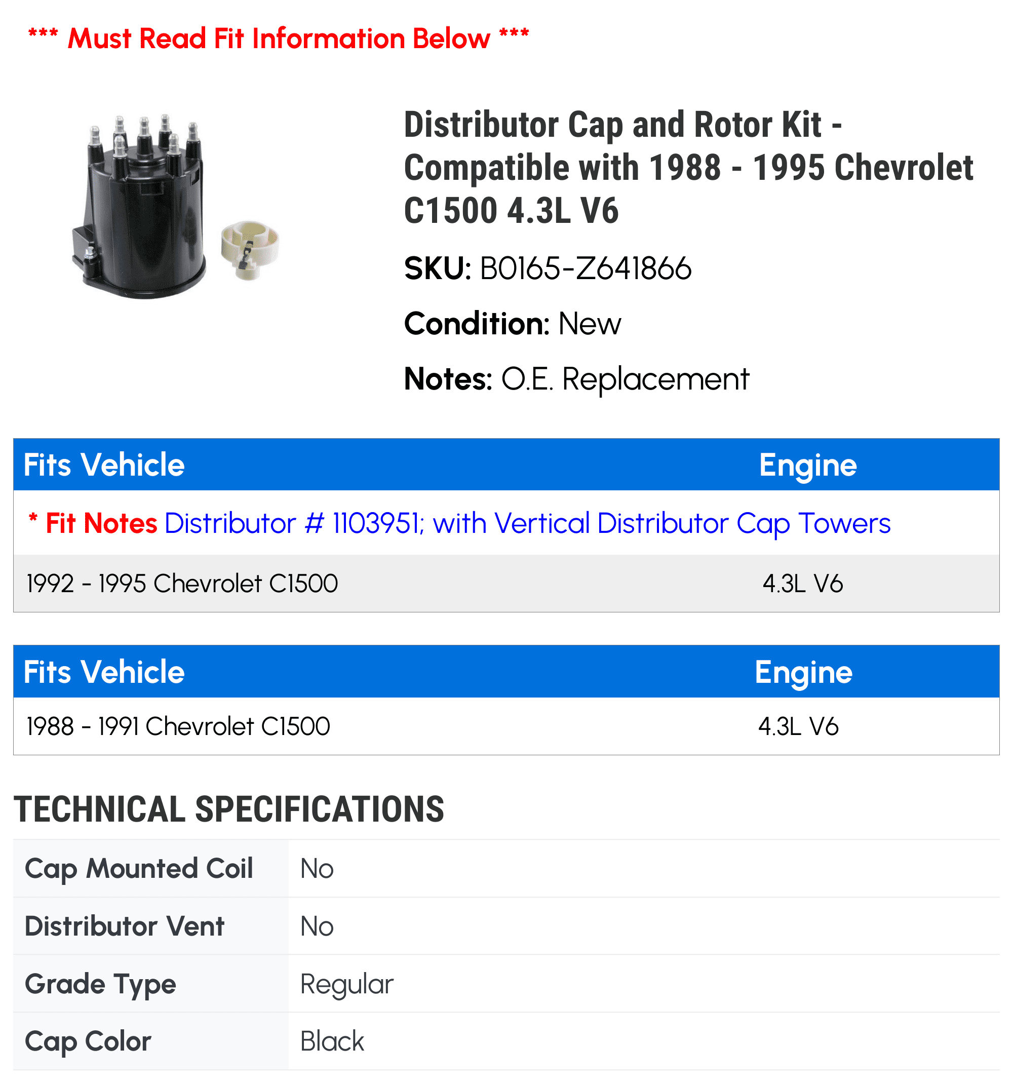 Distributor Cap and Rotor Kit - Compatible with 1988 - 1995 Chevy C1500 4.3L V6 1989 1990 1991 1992 1993 1994