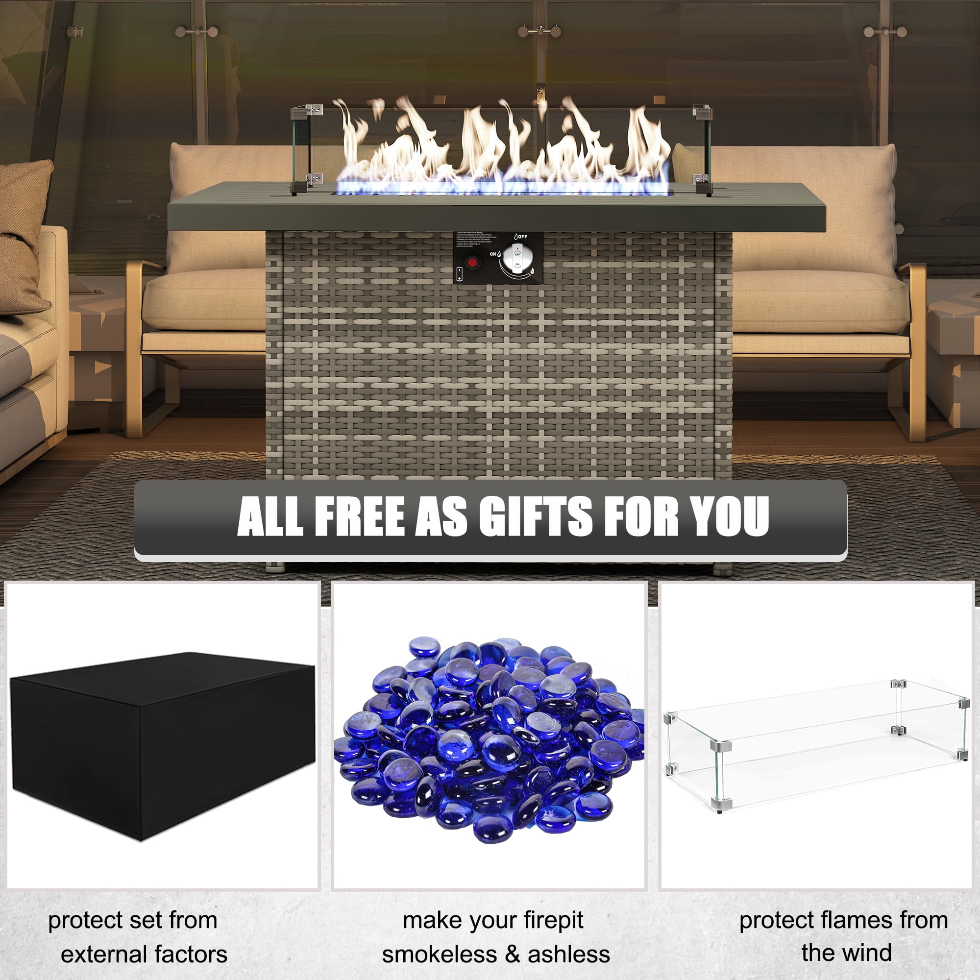 44" Propane Gas Fire Pit Table, 55000 BTU Rectangular Fire Pit with Glass Wind Guard for Outside Patio Deck Garden Backyard