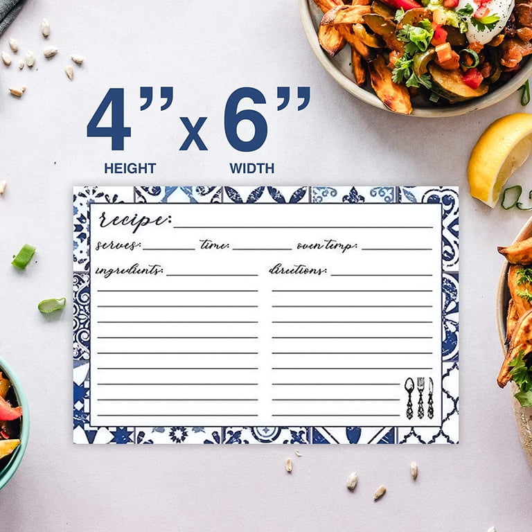 Recipe Cards Lined with Blue and White Design 4" X 6" Double-Sided Premium  Thick Card Stock Great Gift for Amateurs or Experienced Chefs (Pack of 50)  - Walmart.com