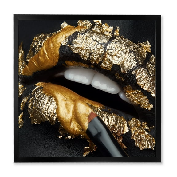 Designart 'Female Lips With Black Leather and Gold Foil' Modern Framed Art Print