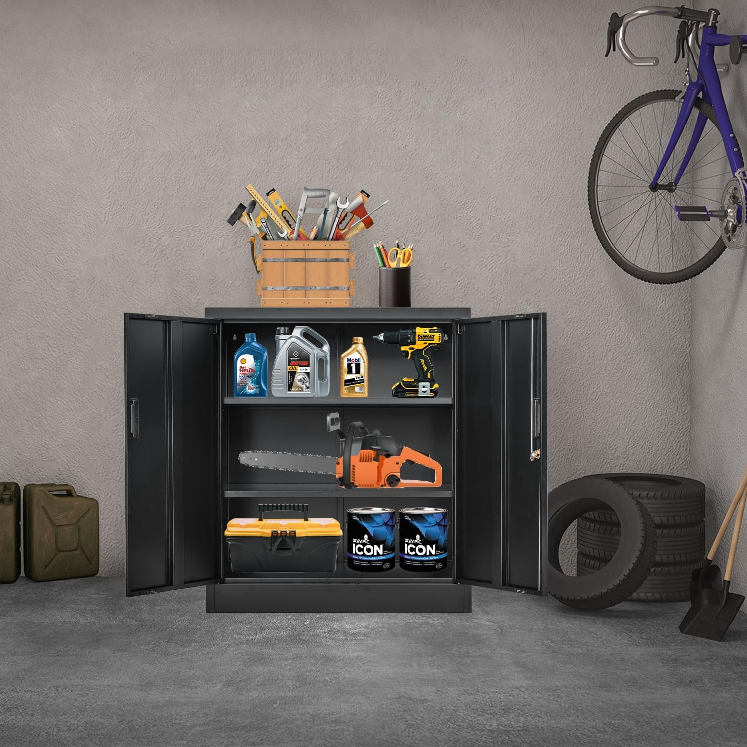 AINUO Black Locking Metal Storage Cabinet with Doors and Adjustable Shelves, 36.2" H x 31.5" W x 15.7" D Steel Lockable Cabinet for Home Office, Garage, Utility Room and Basement