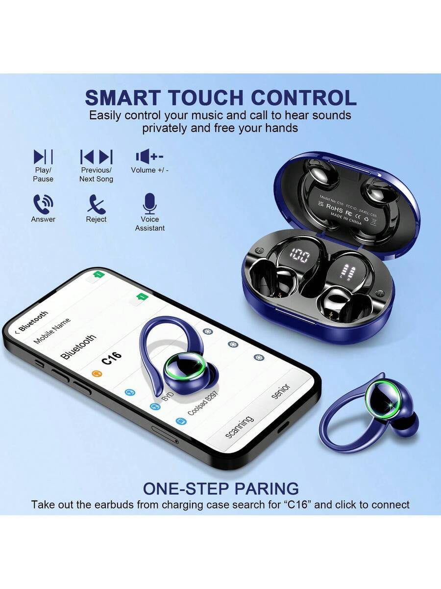 Bluetooth 5.4 Wireless Earbuds, 50H+ Playtime, ENC Noise Cancelling with 4 Mics, IPX7 Waterproof Sport Earphones with Earhooks for Running Gym