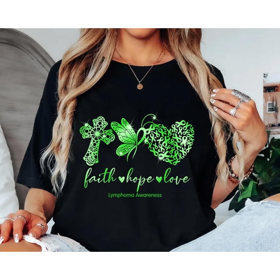TOKAIPlus Lymphoma Awareness T-shirt – Faith Hope Love Green Ribbon Tee – Cancer Support Shirt