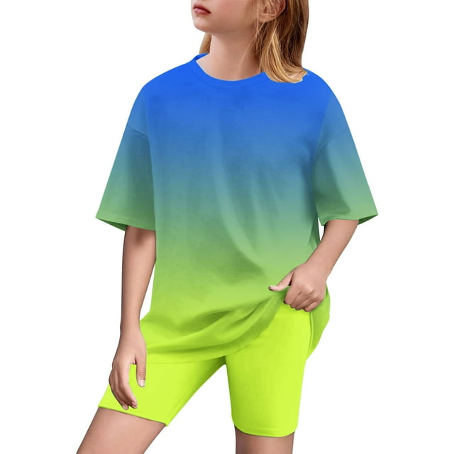Plebaso Girls Clothes Summer Gradient Color 2 Piece Short Sleeve T-Shirts Biker Shorts Sets for Kids