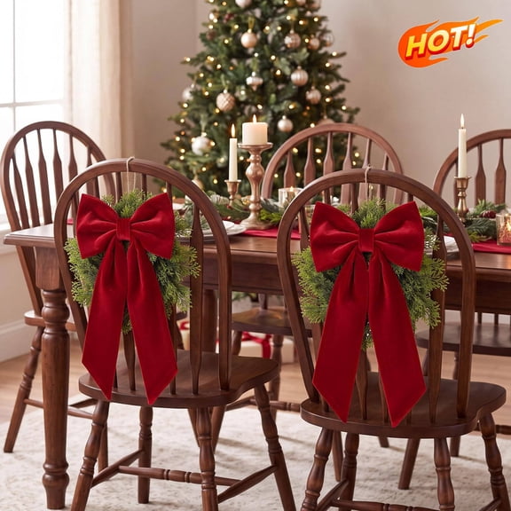 Qocolcyl Christmas Chair Back Bow Wreath, Red Velvet Bow Artificial Greenery Hanging Ornament, Indoor Xmas Decorations For Dining Chair, Holiday Party Dining Room Home Decor