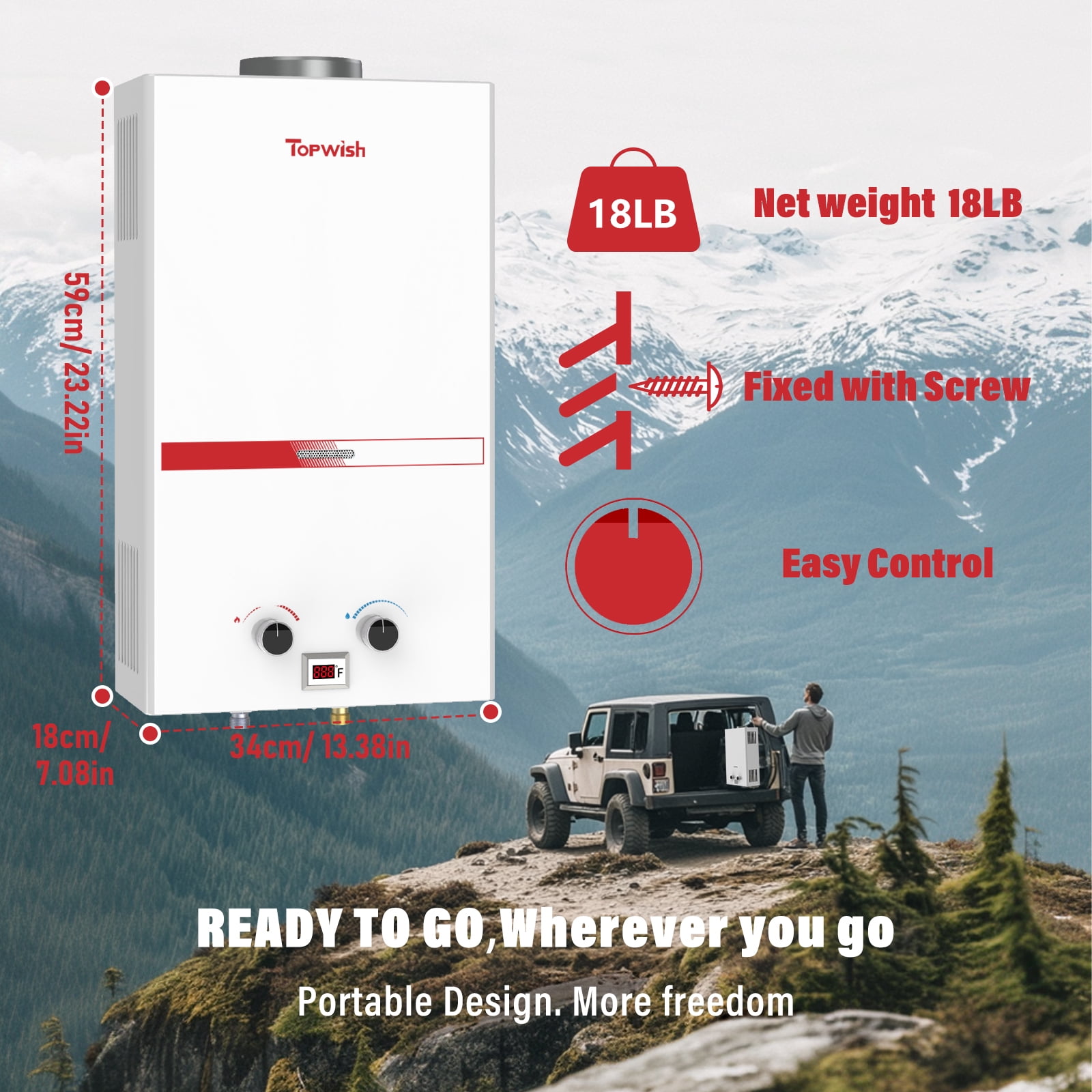 TOPWISH 12L Tankless Propane Water Heater, 3.16 GPM Portable Camping Hot Water Heater, 81,800 BTU, Digital Display, 6-in-1 Safety Protection, Battery-Powered for Outdoor RV Shower & Cabin