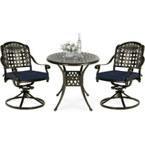 VIVIJASON 3-Piece Patio Bistro Set, Outdoor All-Weather Cast Aluminum Furniture Dining Set, Include 2 Swivel Chairs and 30.8" Round Table w/Umbrella Hole for Balcony, Lawn, Garden (Navy Blue Cushion)