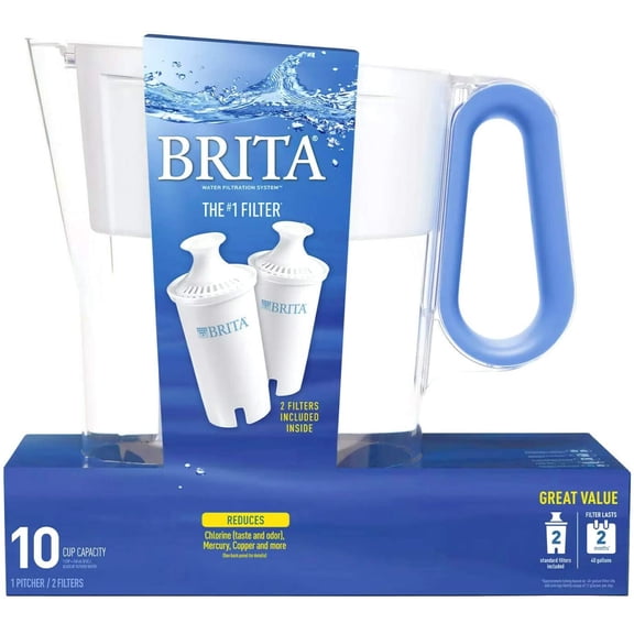 Brita Wave Filtered Water Filter Pitcher 10 Cup Capacity Includes 2 Filters - Blue