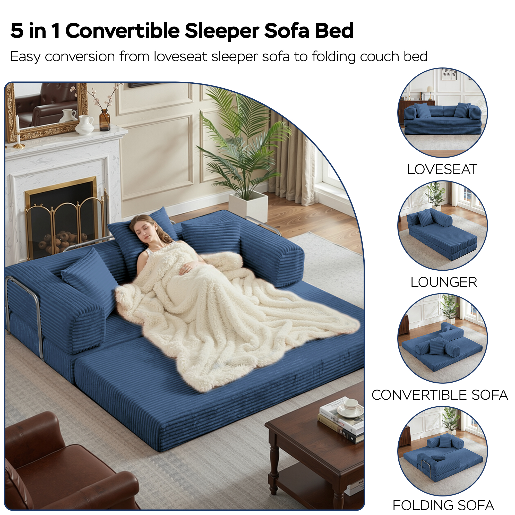 Gewnee Blue 2-in-1 Convertible Corduroy Sofa Bed with High-Density Sponge No Assembly for Apartment Dorm Office