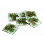 Holly Berry Pattern Hand Painted Art Glass Coasters Set of 6