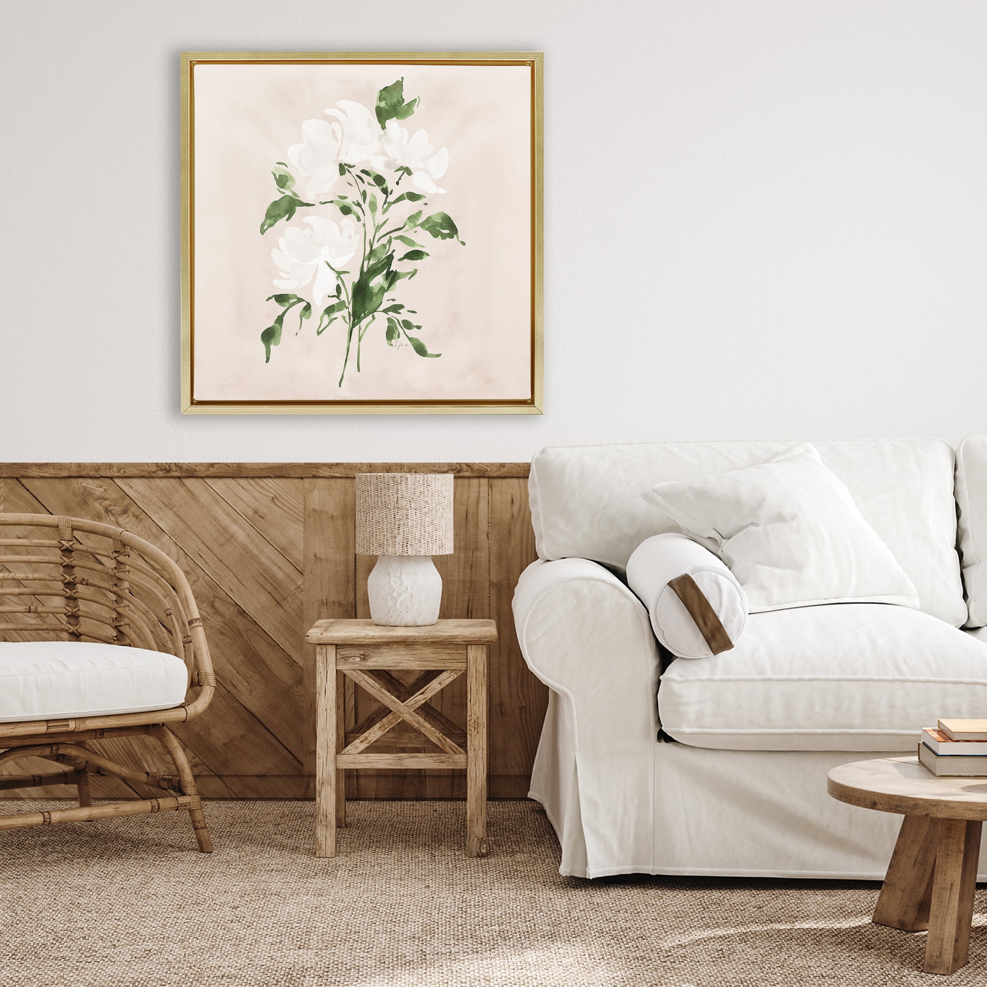 Stupell Industries White On Tan Blossom Gold Framed Floater Canvas Wall Art, design by Lucille Price