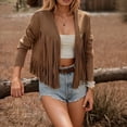 thumbnail image 4 of Arlun Women's Vintage Western Fringe Rivets Cropped Jackets Suede Tassel Trim Long Sleeve Hippie Cardigan Coats Fashion Open Front Slim Fitted Solid Color Outwear Brown XL, 4 of 6